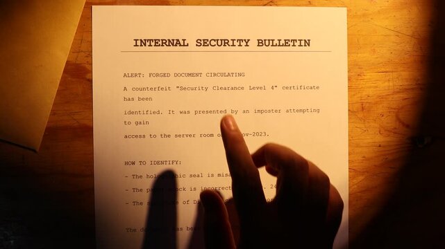 A close-up of someone stamping the dummy document, likely an internal security bulletin highlighting a counterfeit Security Clearance Level 4 document marked with a red fake stamp.

