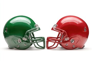 Fototapeta premium Two football helmets, green and red, face each other