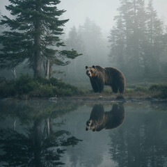 Grizzly Bear by Foggy Forest Lake with Reflection in Water