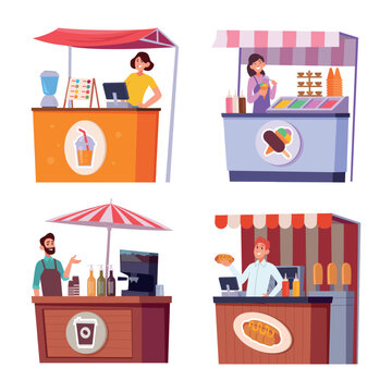 Street food. Urban food vendors making different snacks fast food hot coffee and drinks exact vector kiosks in cartoon style