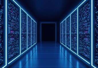 Photo of futuristic server room with glowing blue neon lights, representing advanced technology, data storage, and network infrastructure in a modern digital age