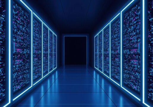 Photo of futuristic server room with glowing blue neon lights, representing advanced technology, data storage, and network infrastructure in a modern digital age