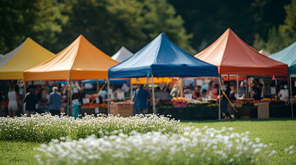 Busy outdoor festival scene with white tents and vendor stalls spread across green park grass, cheerful people strolling, eating, and mingling in a warm summer community gathering