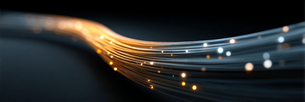 Fiber optic cables glowing and transferring data at high speed, representing the power of modern communication and information technology in the digital age
