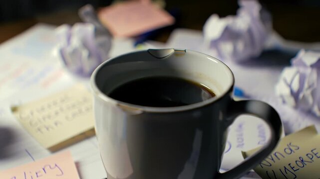 Close-up of coffee cup on messy desk with crumpled paper, work notes and ideas, concept for stress and lack of sleep.