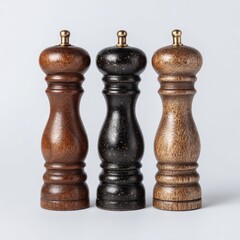 Three wooden salt and pepper grinders in varying shades of brown, standing in a row against a white background.  Each features a brass knob on top