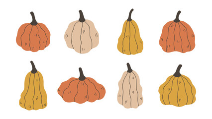 Curvy Pumpkin and Gourd Shape Set. Hand drawn Abstract Autumn and Fall Vegetables Collection. Playful Squiggle Harvest Festival Decorative elements. Flat vector illustration