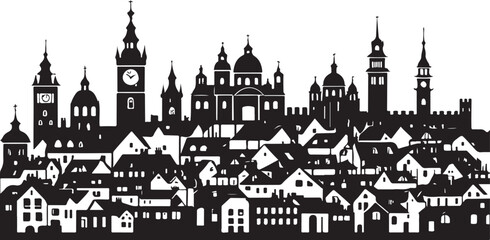 Naklejka premium Black and white silhouette of a European city skyline