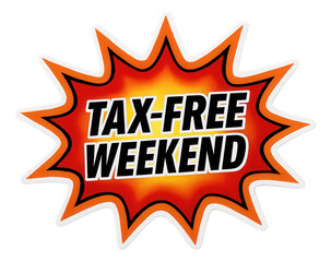Vibrant explosion-shaped sticker featuring TAX-FREE WEEKEND in bold letters, attention-grabbing retail promo offer on transparent background.