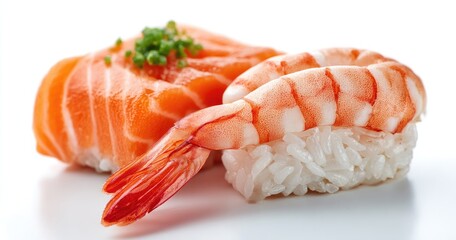 Fresh salmon and shrimp sushi pieces on white