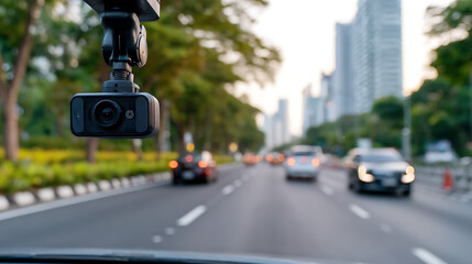 greenery street of a car dashcam mounted on a vehicle, capturing the scene close-up background. with A and traffic the in bustling 67893054 1