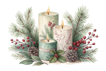 Watercolor candles with winter greenery vector illustration isolated on white background