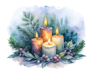 Watercolor candles with winter greenery