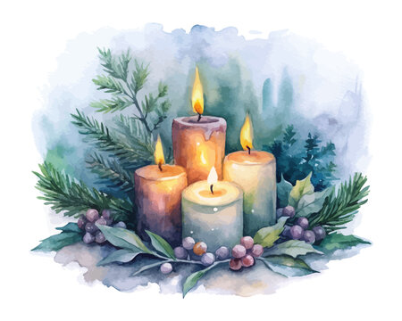 Watercolor candles with winter greenery 