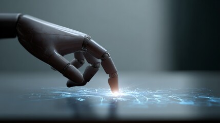 Robotic arm interacting with a digital interface, activating a network of connections and generating digital light, symbolizing artificial intelligence and advanced technology