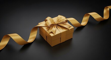 Golden Gift Box with Ribbon on Dark Background.
