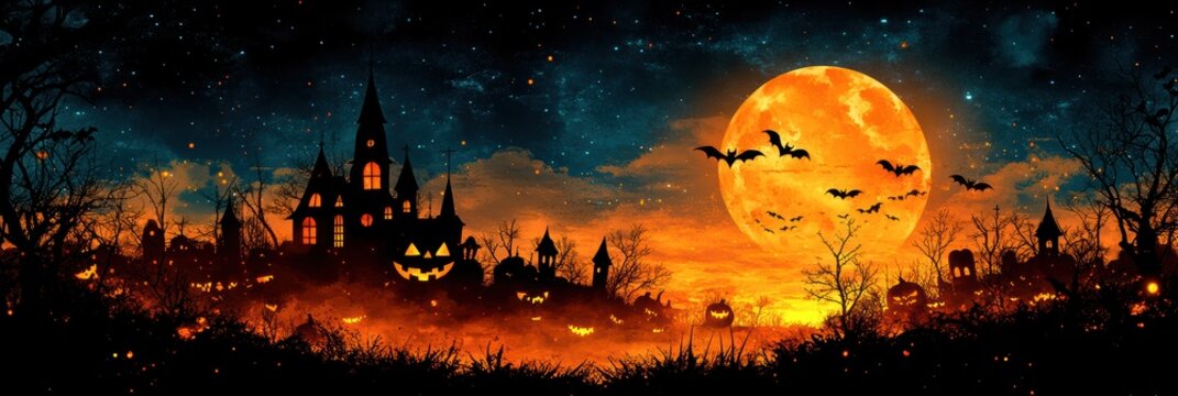 Spooky Halloween night with moonlit sky and haunted mansion