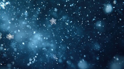 Winter Snowfall: Detailed Snowflakes Falling on Dark Blue Background