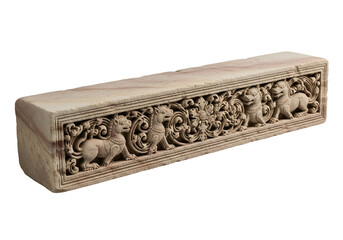 Ornate sandstone lintel, intricately carved with mythical creatures and floral motifs, displays exquisite craftsmanship and rich cultural heritage.