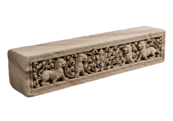 Ornate sandstone lintel, intricately carved with mythical creatures and floral motifs, displays exquisite craftsmanship and rich cultural heritage.