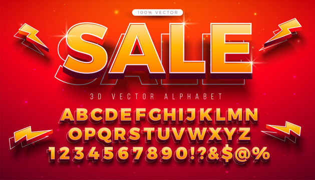 Vector 3d Alphabet Font Set with Sale Typography Lettering and Shadow on Red Background. Modern Typeface Design Collection with ABC, Number and Special Characters for Promotional Banner, Business