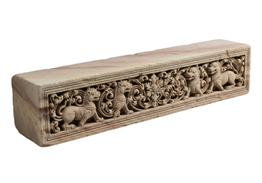 Ornate sandstone lintel, intricately carved with mythical creatures and floral motifs, displays exquisite craftsmanship and rich cultural heritage.