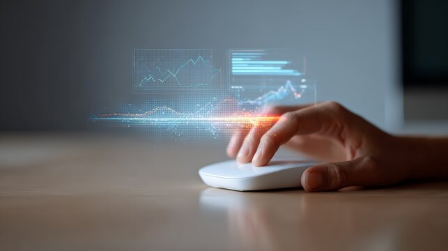 Businessman using a computer mouse is interacting with a futuristic artificial intelligence software, analyzing financial data and market trends through holographic charts and graphs - Powered by Adobe