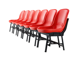 Modern red plastic chairs in a row furniture display minimalist style isolated on transparent background, png