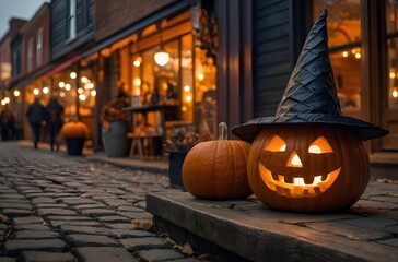 Fototapeta premium Halloween Pumpkin Display on Vintage Urban Street at Golden Hour with Fog, Carved Jack O’Lantern, String Lights and Autumn Market Atmosphere