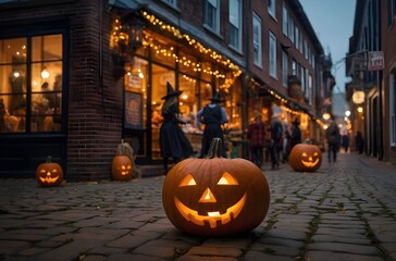 Halloween Pumpkin Display on Vintage Urban Street at Golden Hour with Fog, Carved Jack O&rsquo;Lantern, String Lights and Autumn Market Atmosphere