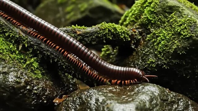 Millipede crawling on moss-covered rock in tropical forest close-up