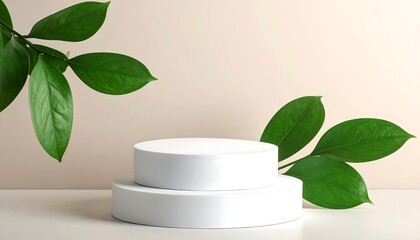 A minimalist studio setup featuring a white circular display stand with green leaves. Neutral beige background