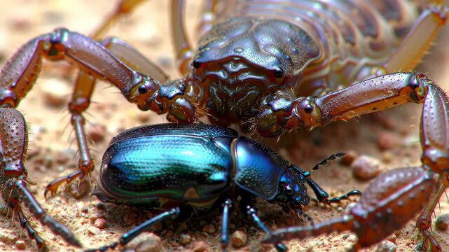 Close-up of Camel Spider preying on iridescent Beetle shows insect wildlife and predator behavior in nature