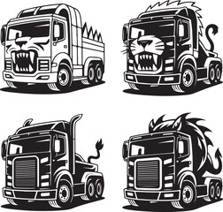 Four Black And White Truck Illustrations With Lion And Monster Faces Keywords: truck, semi truck