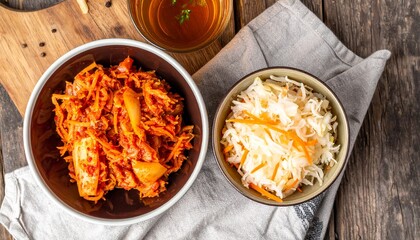 Top view images of probiotic-rich fermented foods such as kimchi, sauerkraut, kombucha, kefir and yogurt. Clean rustic setups, natural light, wellness-oriented compositions.