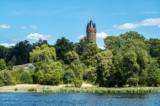 Boat trip in Potsdam: Flatow Tower in Babelsberg park, seen from lake Tiefer