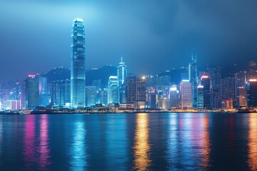 Fototapeta premium Stunning panoramic view of a vibrant city skyline illuminated at night