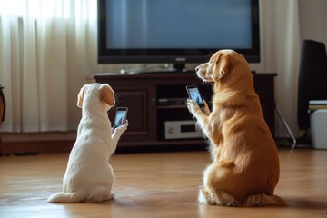 Pets watching TV while interacting with phones indoors in a cozy living room