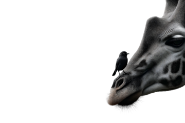 Close Encounter Between a Giraffe and a Small Bird on Its Nose in a Serene Natural Setting Capturing Unique Interactions in the Animal Kingdom