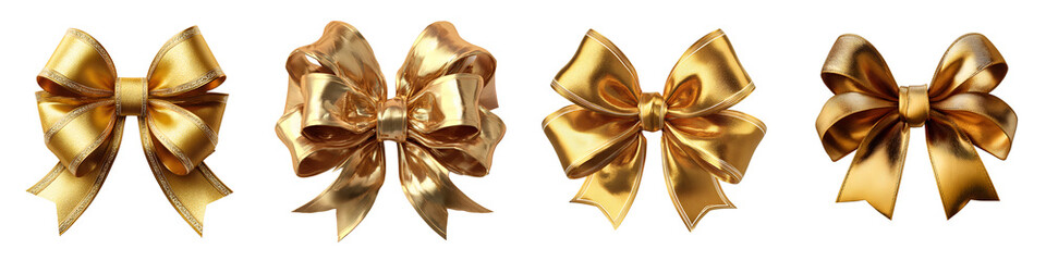 Set of Golden Christmas bow with elegant shine, isolated on transparent background.
