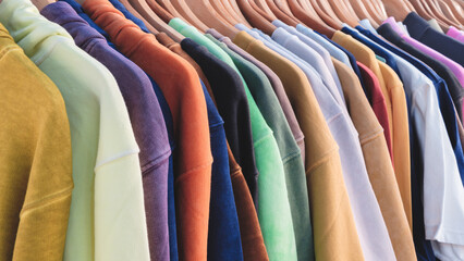 A row of clothes hanging on a hanger, the clothes are of different colors and textures, and all...