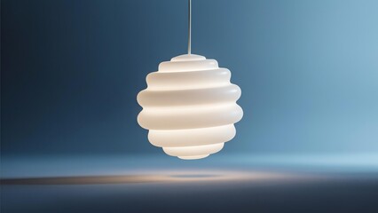 Photorealistic suspended off-white spiral-layered sphere with ambient lighting, against navy to ice blue gradient background