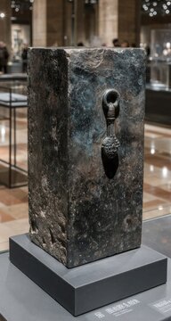 Dark, rectangular stone block, possibly a stele, with a metal object affixed