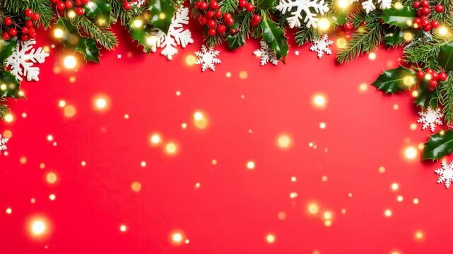 Festive red background with holly, berries, snowflakes, and bokeh lights