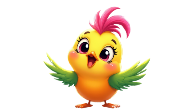 A charming cartoon bird character with bright colors, playful details, and an expressive, cheerful style. Isolated on white - Transparent