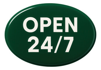 Glossy green oval sticker with OPEN 24/7 sign in bold letters, essential retail promo indicator on transparent background.