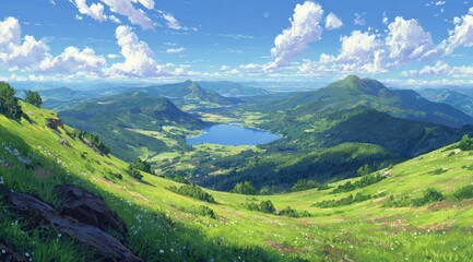 Fototapeta premium Panoramic alpine vista, lush green hills, lake nestled in valley, bright sunny day