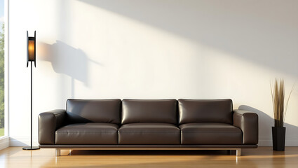 Black Leather Sofa in Minimalist Living Room with Sunlight
