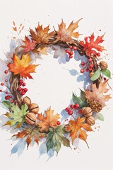 Watercolor autumn wreath with maple leaves, walnuts, berries, and branches. Seasonal fall illustration perfect for Thanksgiving, cards, posters, and rustic decor.