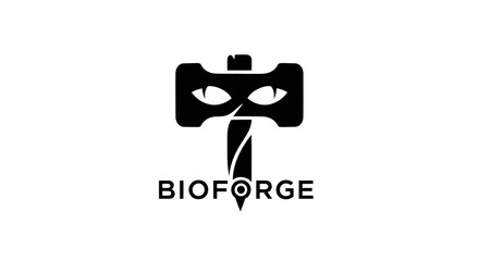 Bioforge logo design with a stylized black hammer and animal eyes icon.
